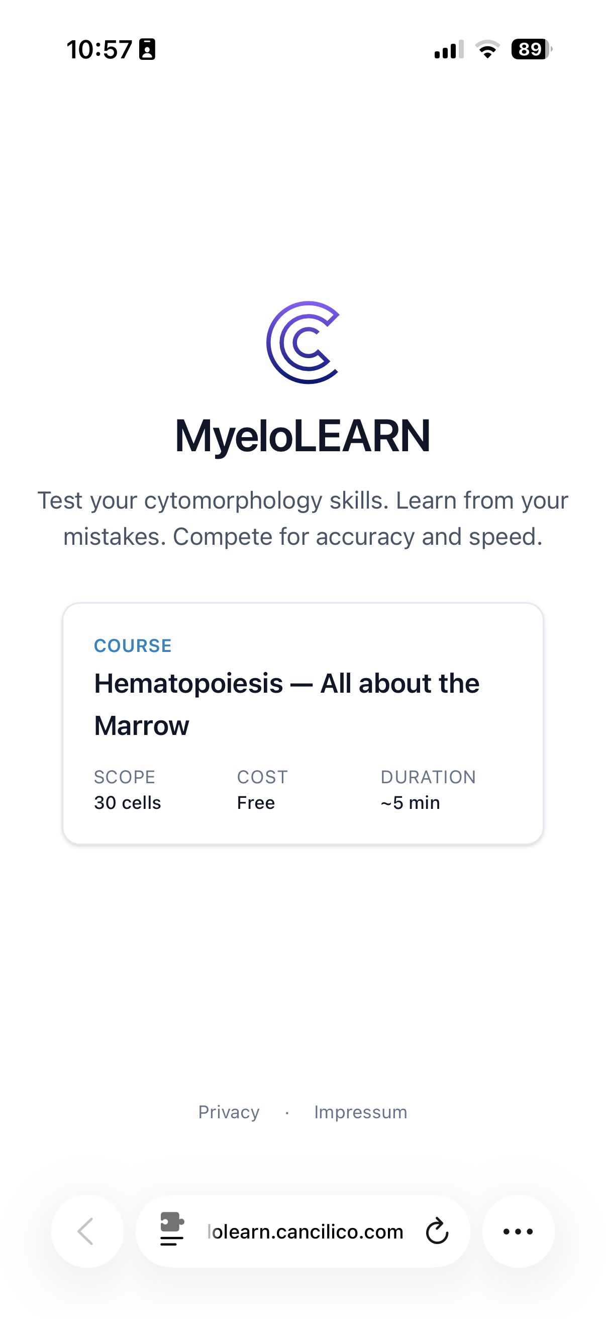 screenshot of MyeloLEARN web app
